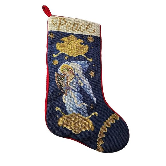 VTG Handmade Needlepoint PEACE Christmas Stocking 20" Angel HARP Heaven Velvet